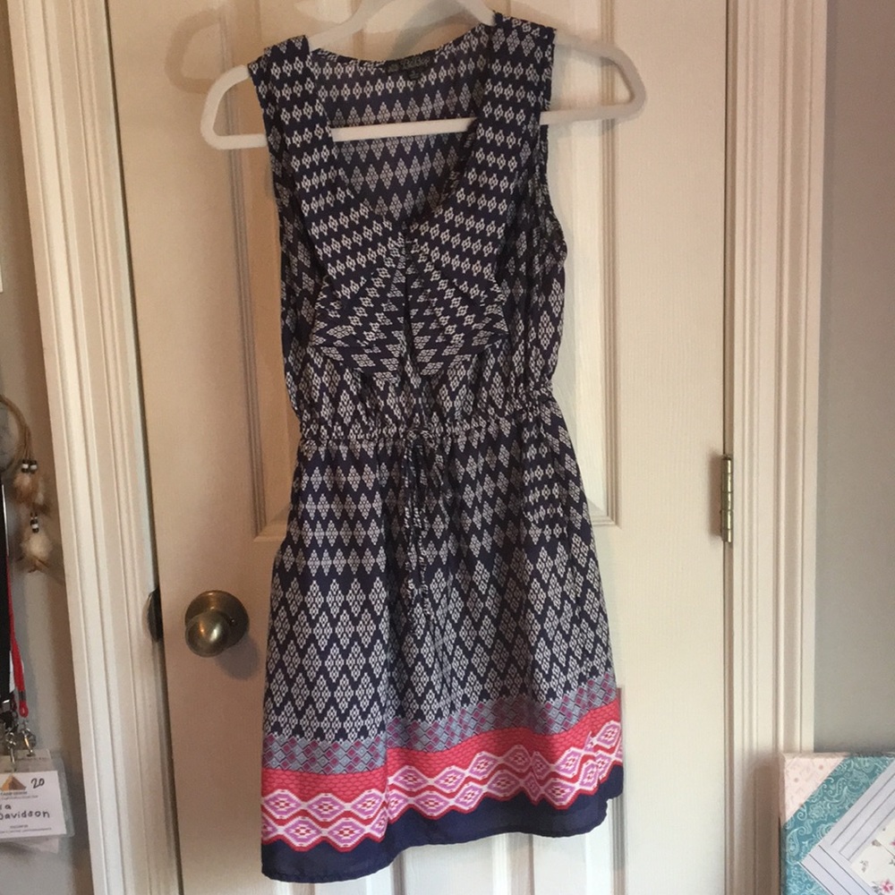 Navy Blue Patterned Dress with Pink Details.